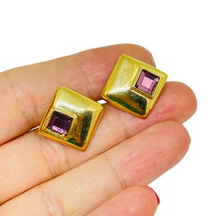 TRIFARI crown gold tone amethyst rhinestones designer small clip on earrings