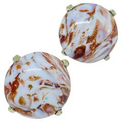 TRIFARI crown gold tone marbled glass designer clip on earrings