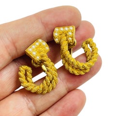 TRIFARI crown signed gold plated faux pearl clip on designer earrings