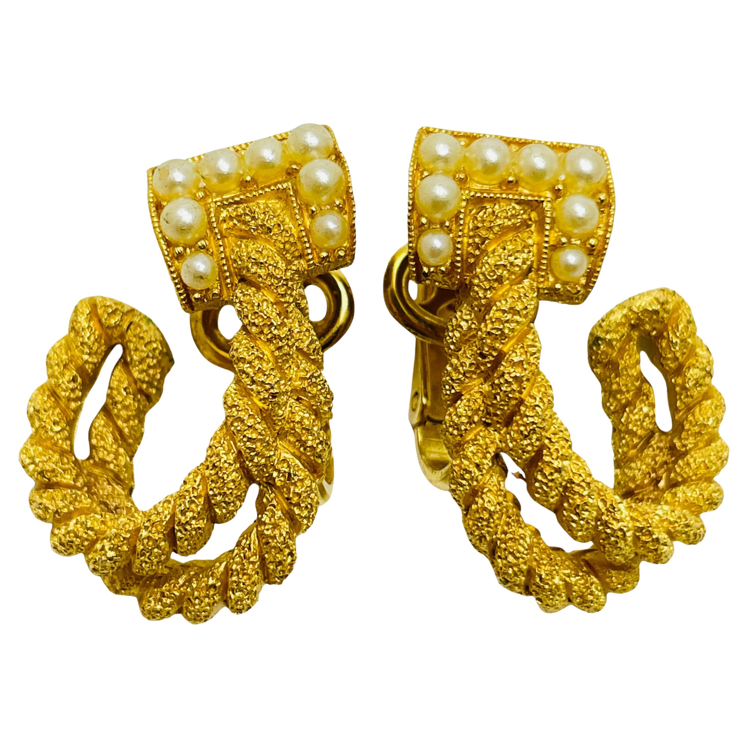 TRIFARI crown signed gold plated faux pearl clip on designer earrings