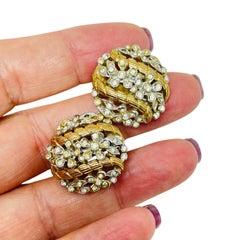 TRIFARI crown signed gold tone rhinestone designer clip on earrings