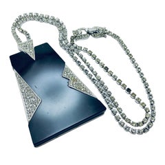 TRIFARI crown signed silver black modernist rhinestone designer runway necklace