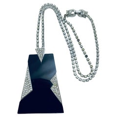 Vintage TRIFARI crown signed silver black modernist rhinestone designer runway necklace