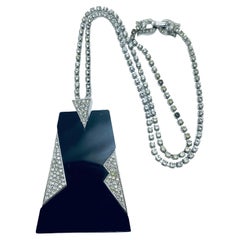 Trifari couronne signée argent noir moderniste strass collier de défilé de designer