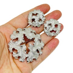 TRIFARI crown signed silver tone designer brooch earrings set