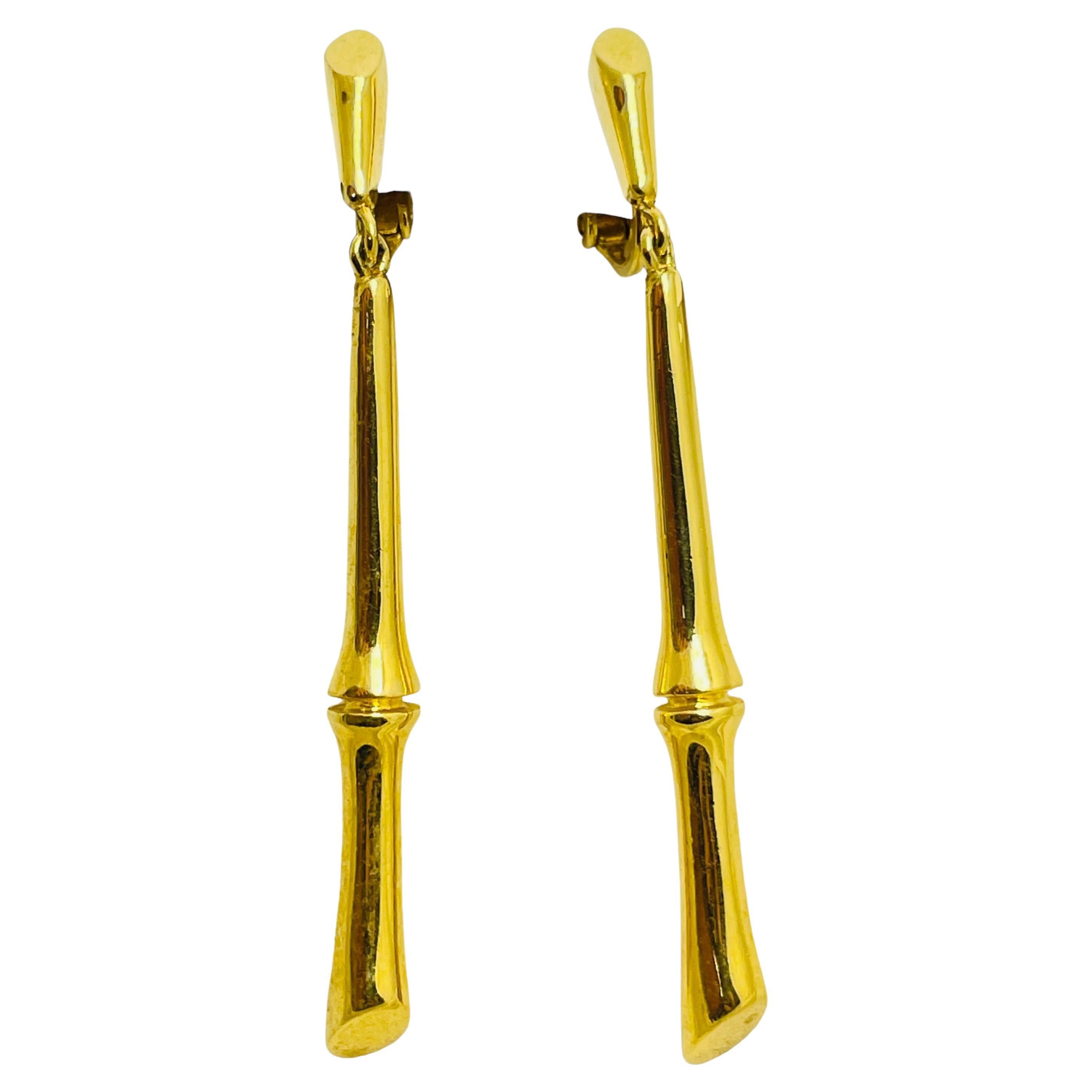 TRIFARI crown signed vintage gold bamboo dangle designer clip on earrings