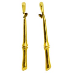 TRIFARI crown signed vintage gold bamboo dangle designer clip on earrings