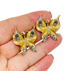 TRIFARI crown signed vintage gold rhinestone butterfly designer clip on earrings