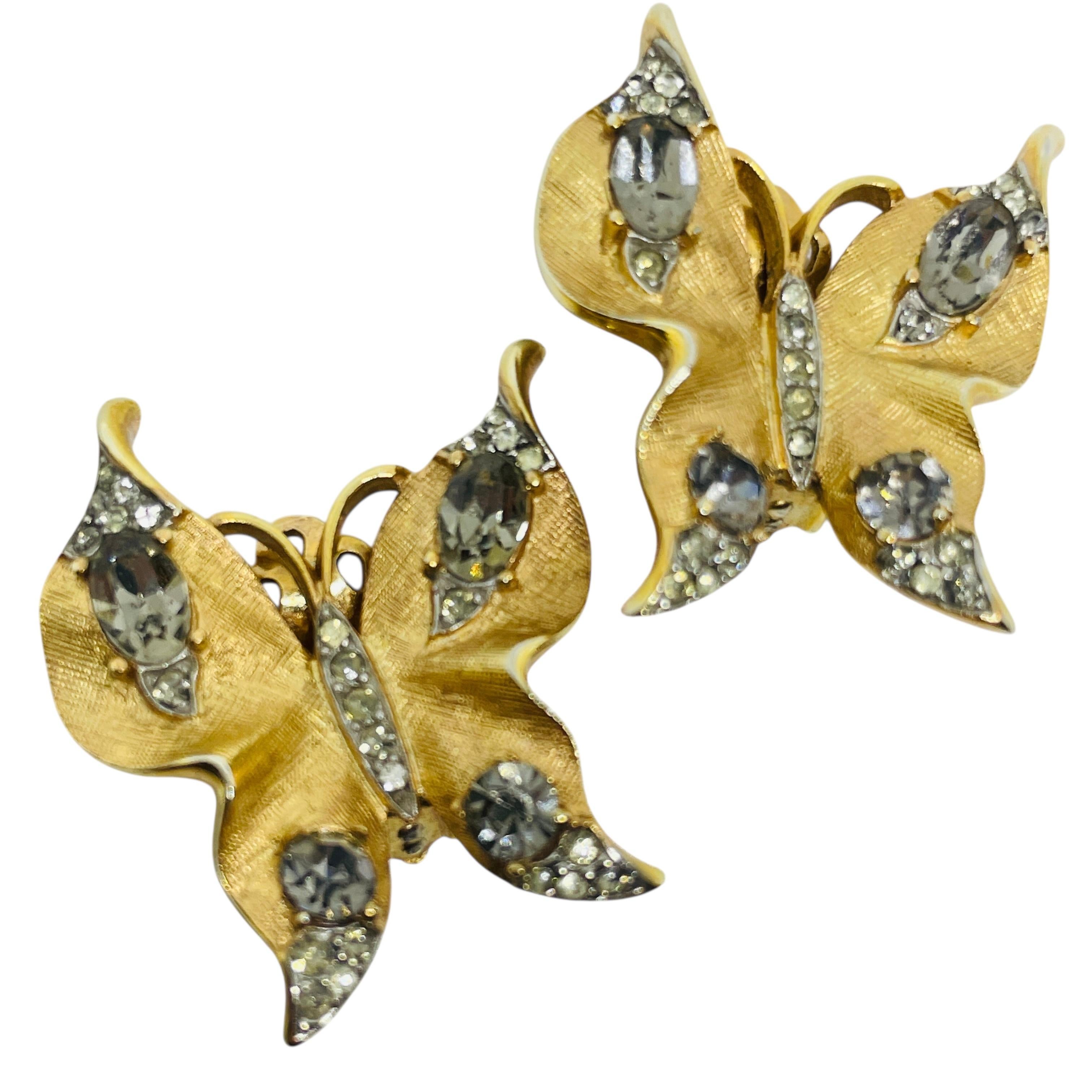 TRIFARI Krone signiert Vintage Gold Strass Schmetterling Designer Clip auf Ohrringe im Angebot 3