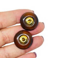 TRIFARI crown signed vintage gold tone amber lucite designer clip on earrings