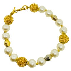 TRIFARI crown signed vintage gold tone faux pearls designer beaded bracelet