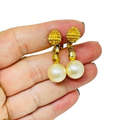 TRIFARI crown signed vintage gold tone faux pearls designer clip on earrings