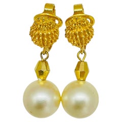 TRIFARI crown signed vintage gold tone faux pearls designer clip on earrings
