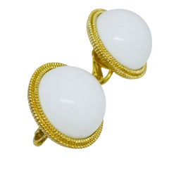 TRIFARI crown signed vintage gold tone white cabochon designer clip on earrings