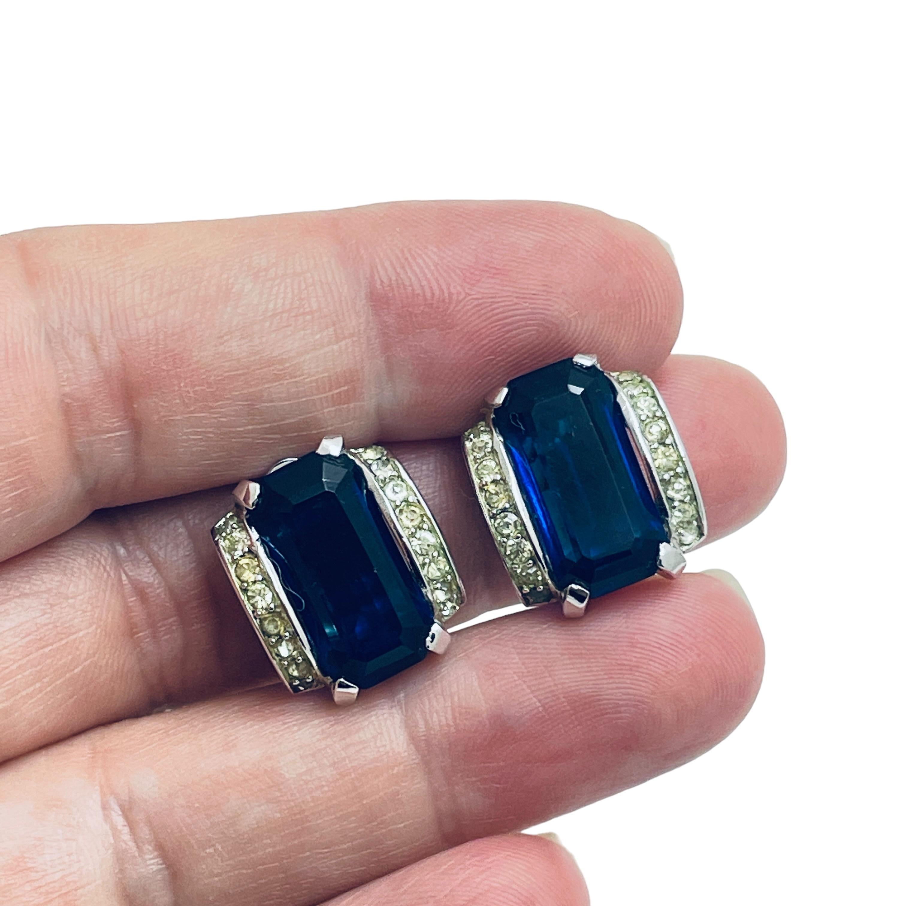 Women's TRIFARI crown signed vintage silver sapphire designer clip on earrings For Sale