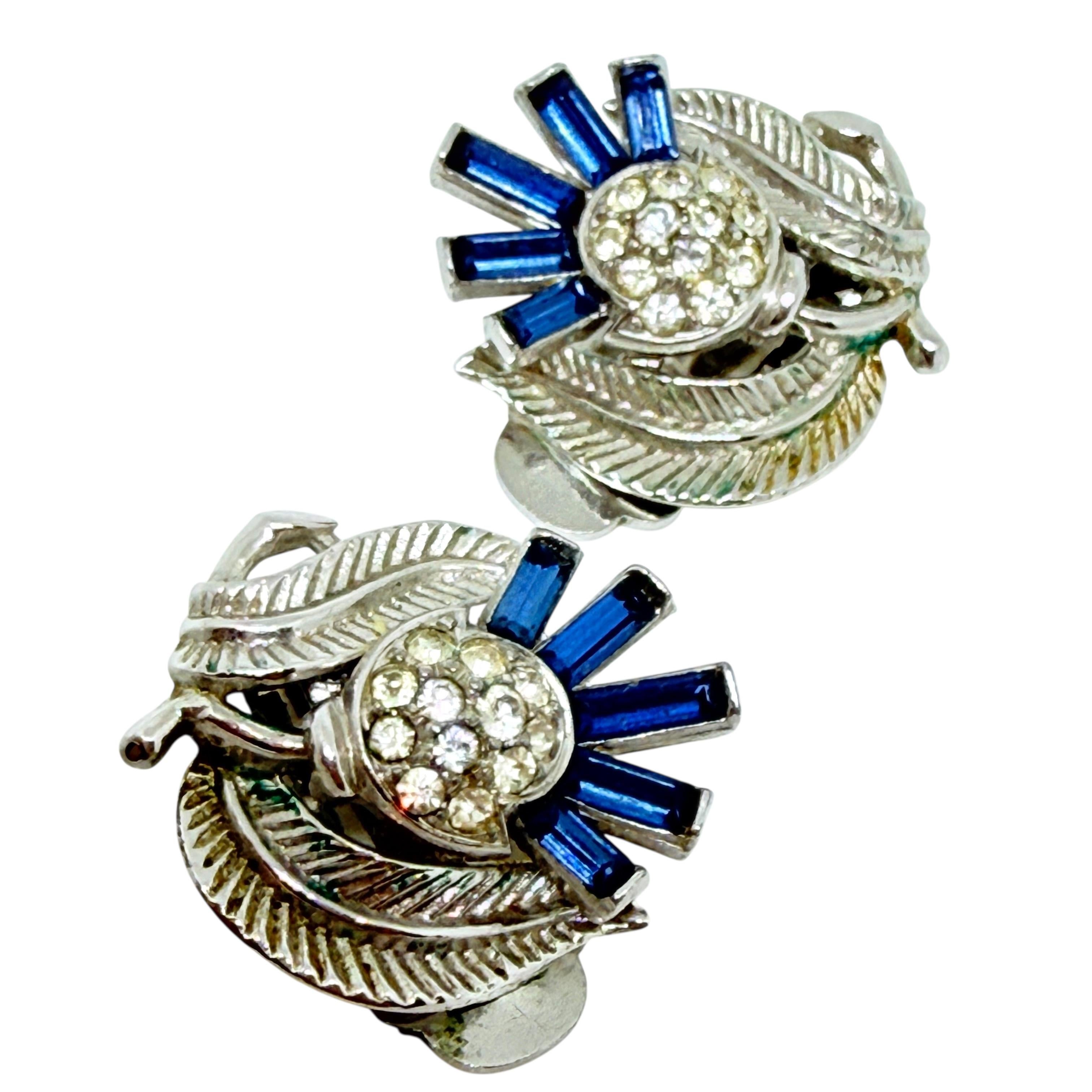 Women's or Men's TRIFARI crown silver tone sapphire baguette rhinestone designer clip on earrings For Sale