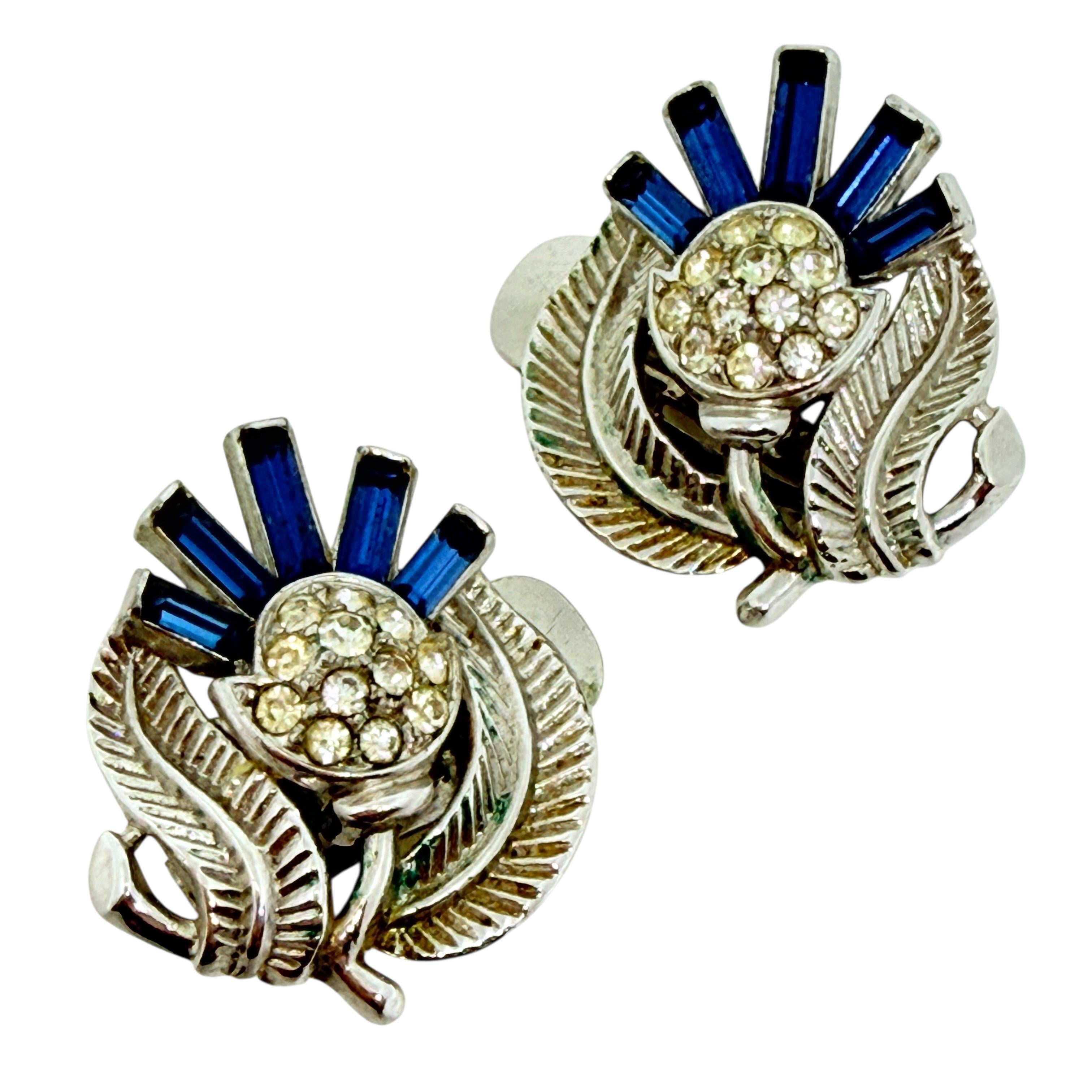 TRIFARI crown silver tone sapphire baguette rhinestone designer clip on earrings For Sale 1