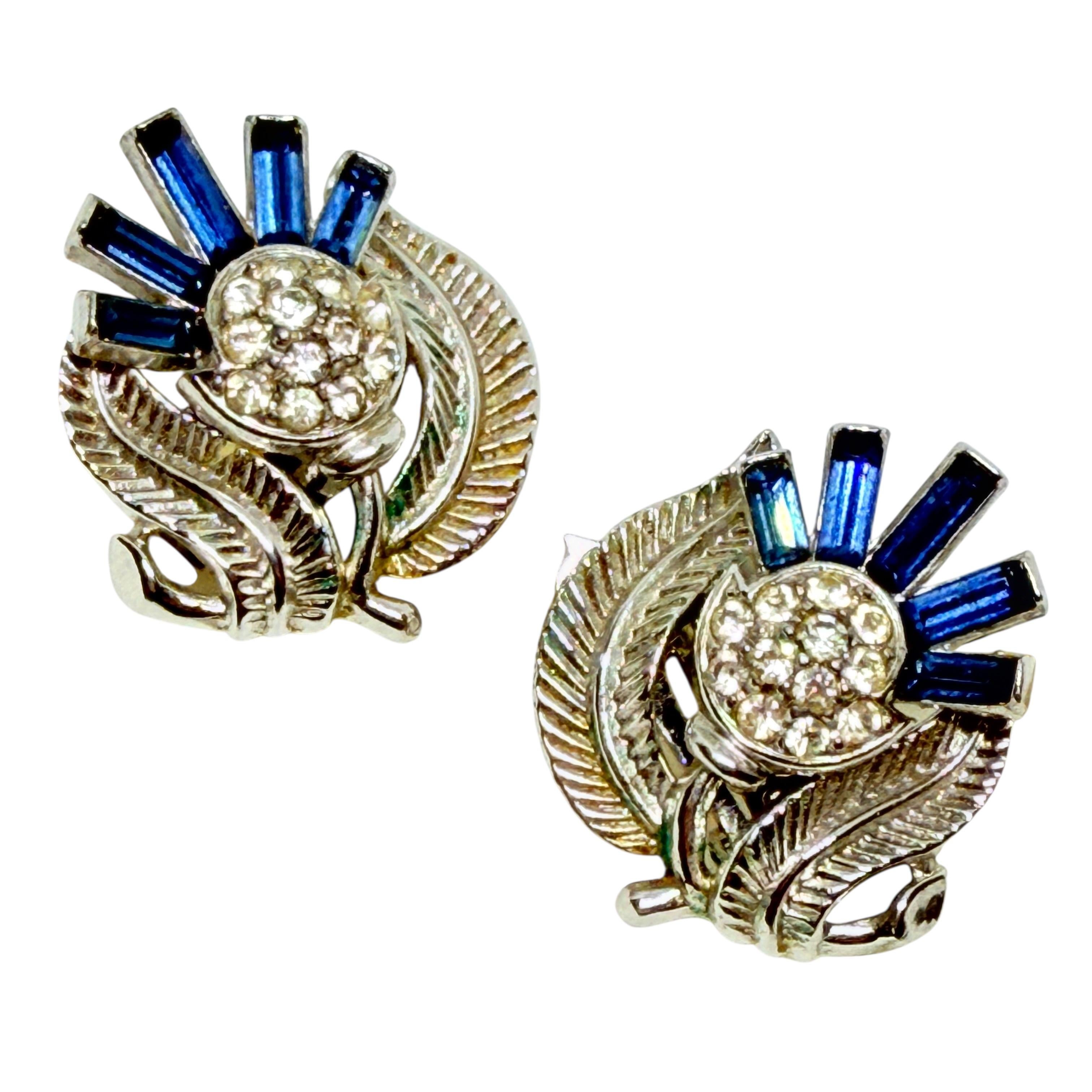 TRIFARI crown silver tone sapphire baguette rhinestone designer clip on earrings For Sale 2