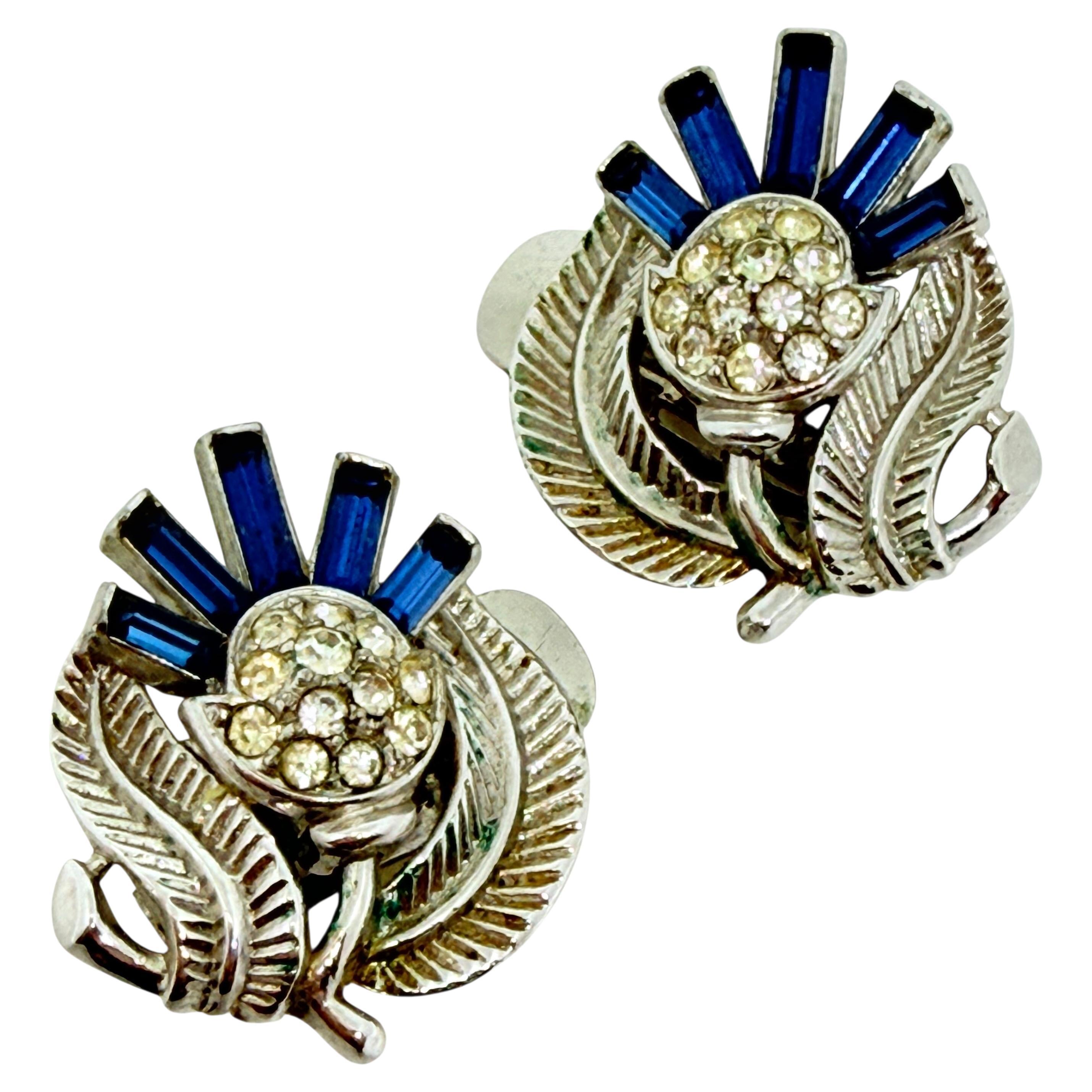 TRIFARI crown silver tone sapphire baguette rhinestone designer clip on earrings For Sale