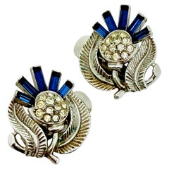 TRIFARI crown silver tone sapphire baguette rhinestone designer clip on earrings