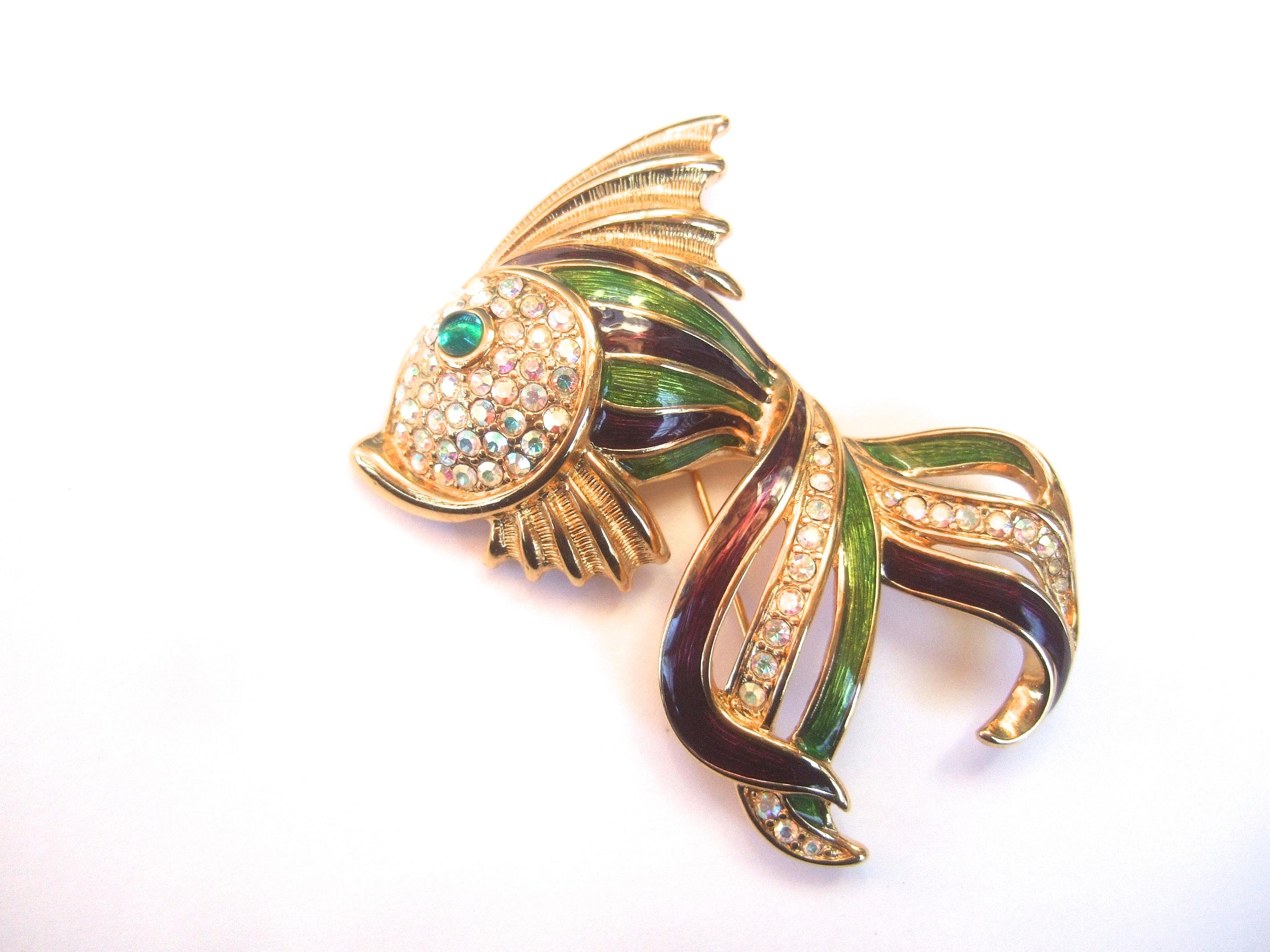 Modern Trifari Crystal Enamel Fish Brooch in Box circa 1997