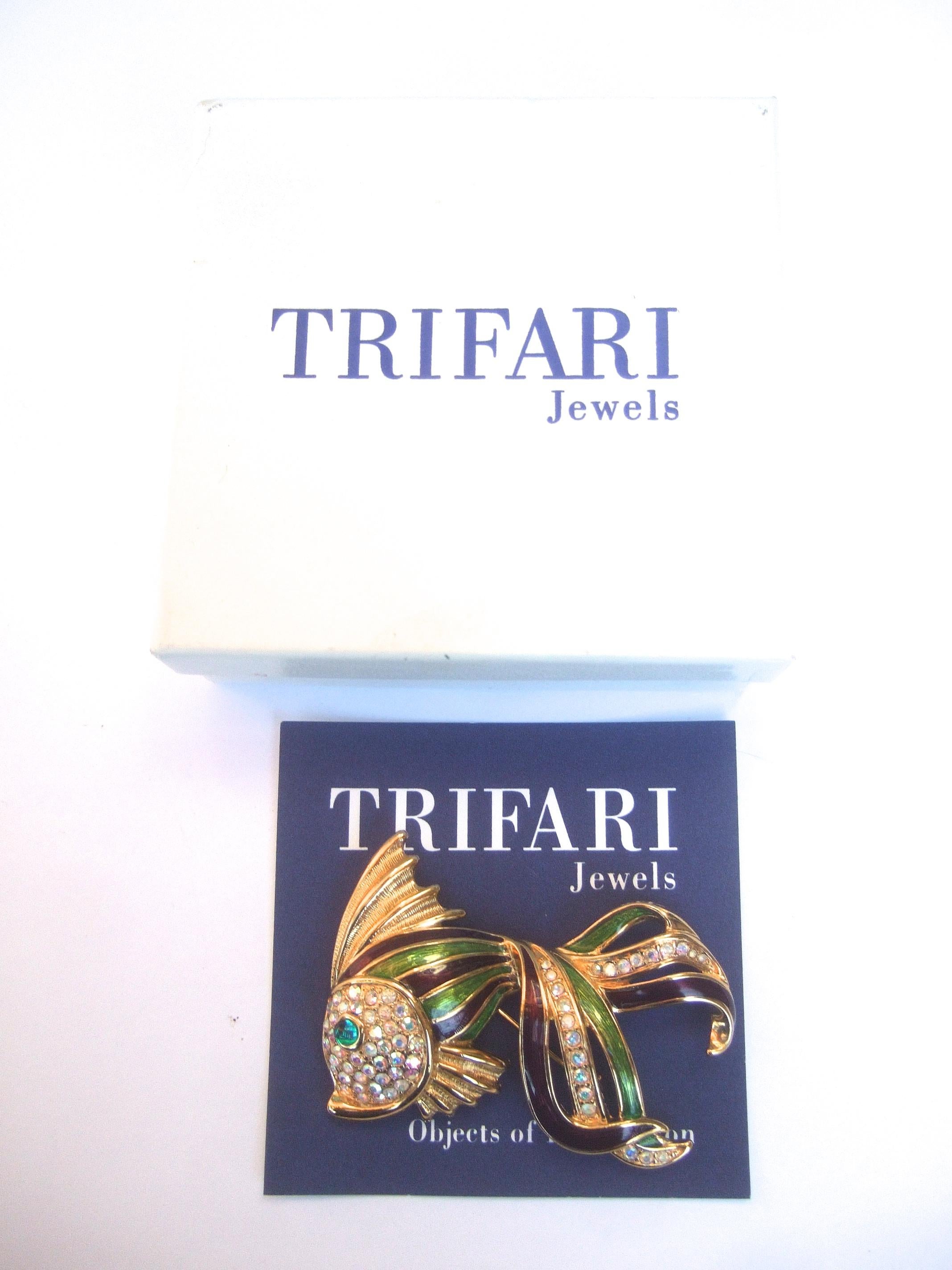 Women's Trifari Crystal Enamel Fish Brooch in Box circa 1997