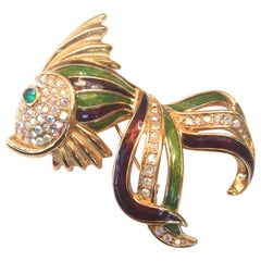 Vintage Trifari Crystal Enamel Fish Brooch in Box circa 1997
