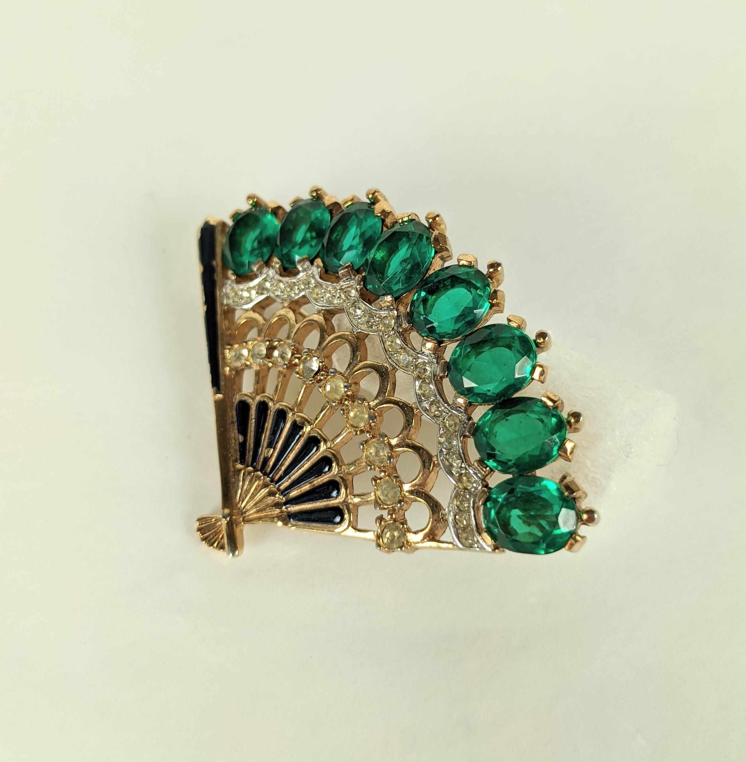 Trifari Emerald Eugenie Fan Brooch in gilt metal, enamel and pastes by Alfred Phillipe. 2.25