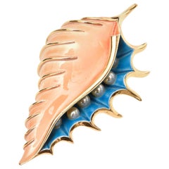 Trifari Enamel and Faux Pearl Conch Shell Brooch Pin Vintage