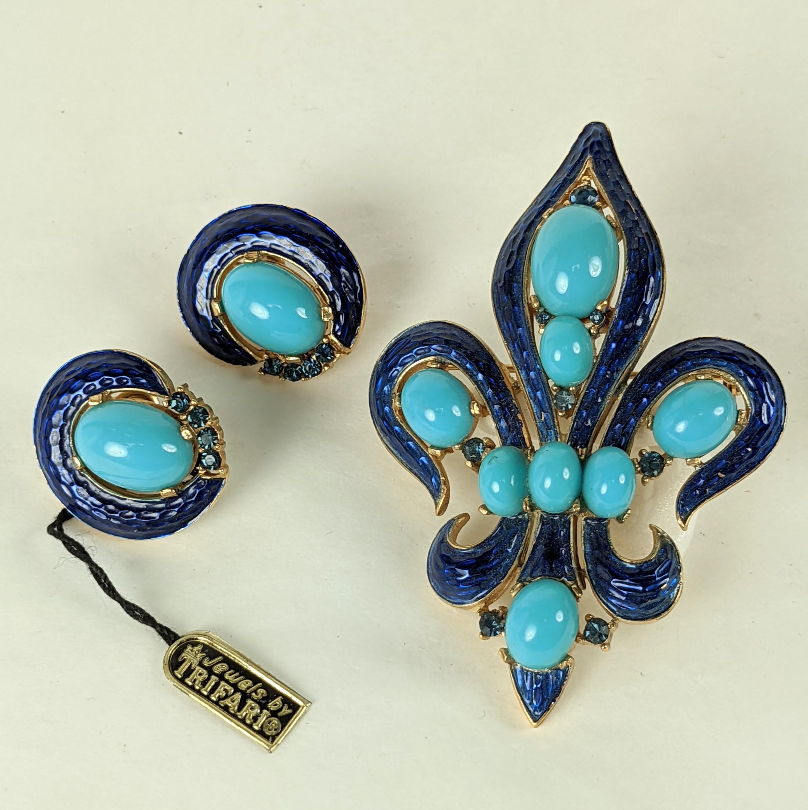 Trifari Enamel Fleur de Lis Set from the 1960's. Faux turquoise cabs are contrasted with vibrant deep sapphire enamel and pastes. Brooch 3