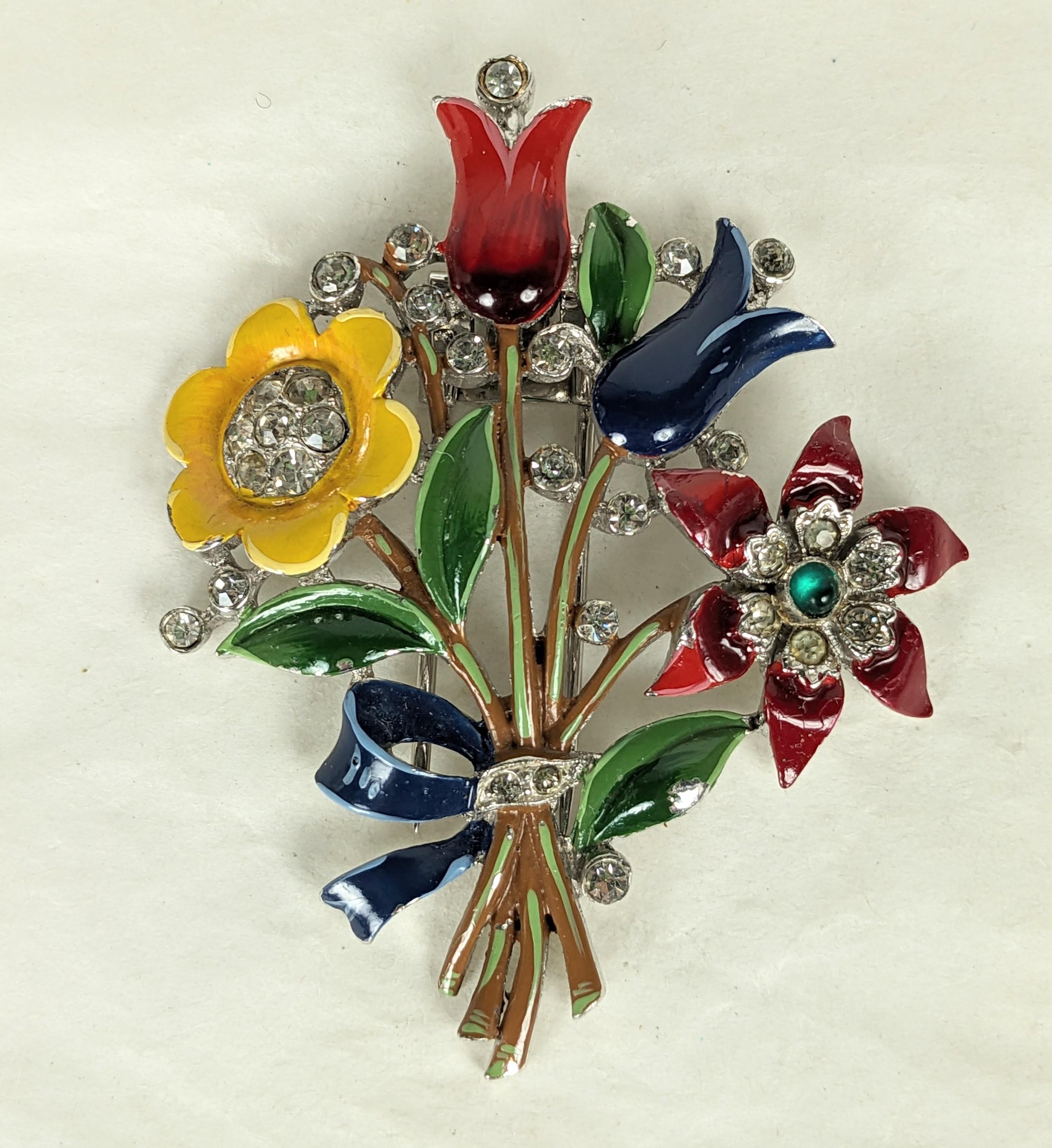 Lovely Trifari Enamel Floral Bouquet Clip, Alfred Phillipe from the 1930's. Original enamel which is very rare with pave crystal accents set into a high rhodium finish. 2.4