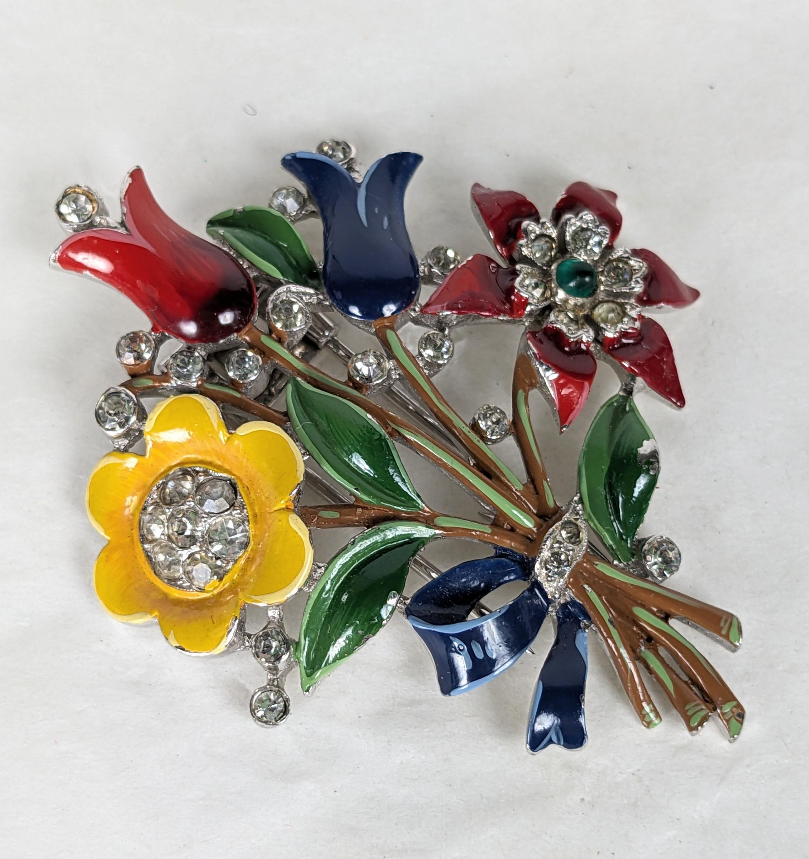 Trifari Enamel Floral Bouquet Clip, Alfred Phillipe In Good Condition For Sale In New York, NY