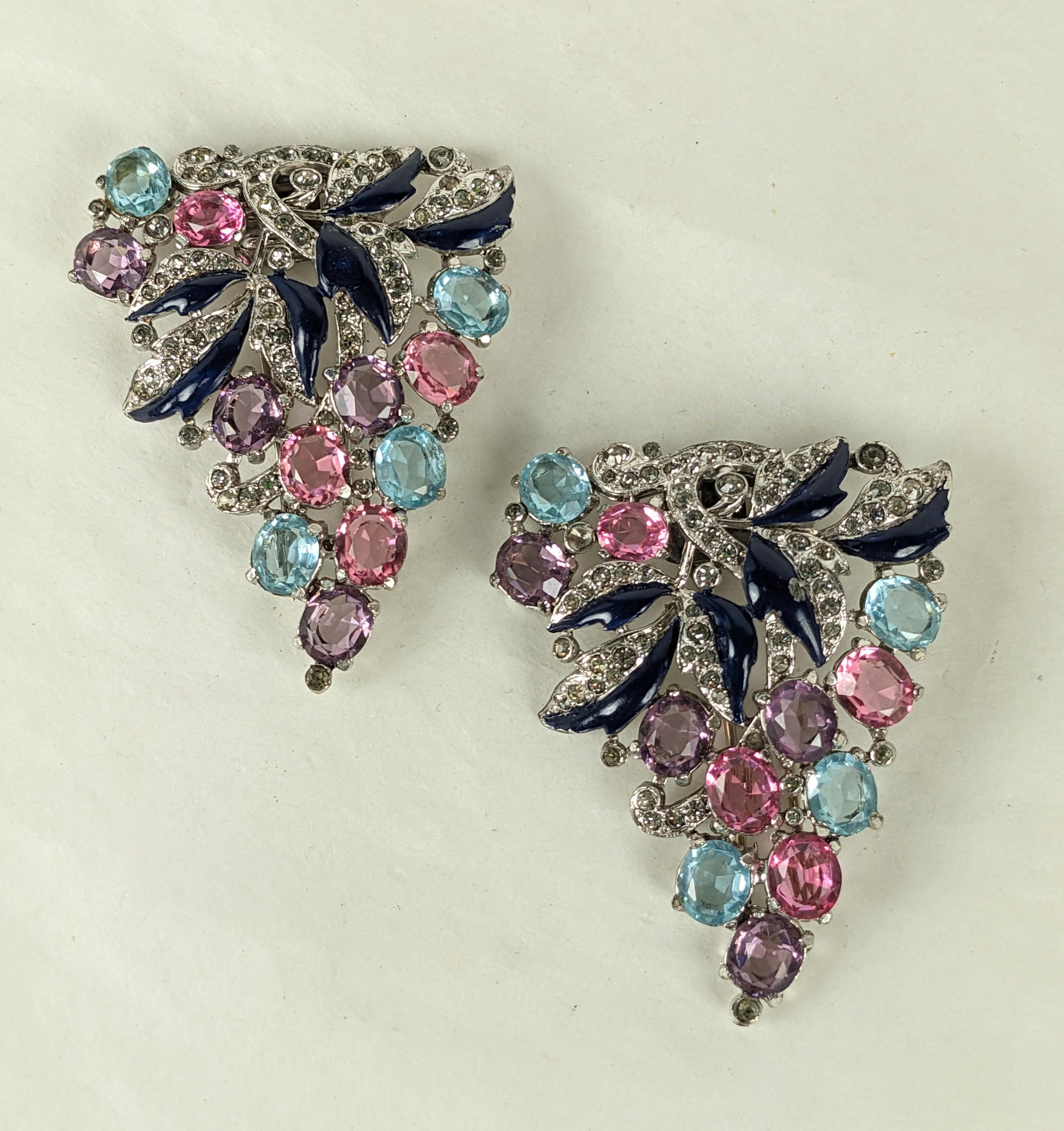 Trifari Enamel Jeweled Clips by Alfred Phillipe. Pink, amythest and aqua oval pastes with navy hand enamel and pave leaf work. Beautiful quality. 1930's USA. Each clip 2