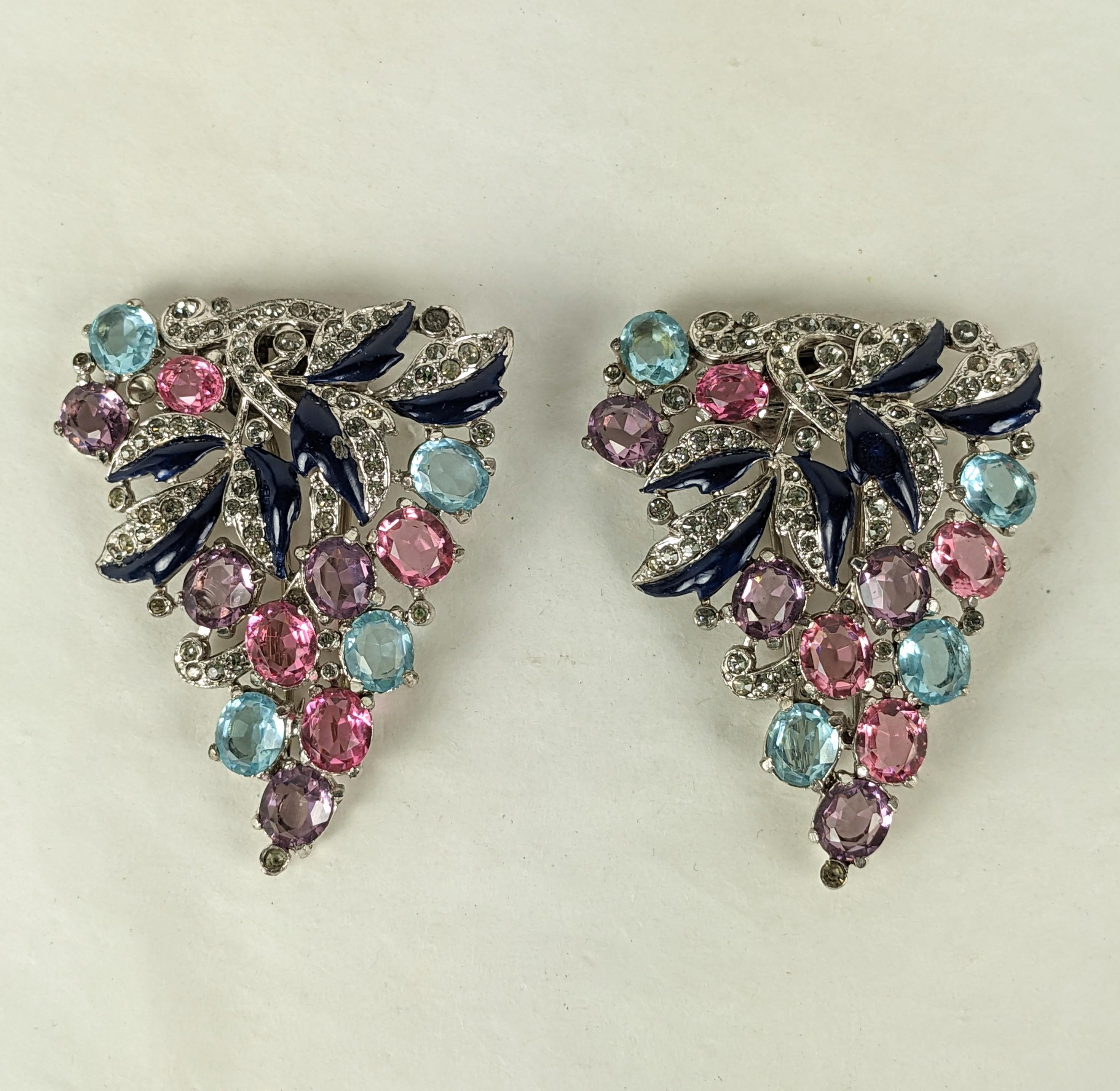 Trifari Enamel Jeweled Clips, Alfred Phillipe In Good Condition For Sale In New York, NY