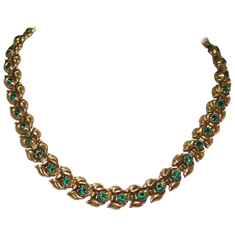 Trifari Eugenie Faux Emerald Leaf Necklace For Sale