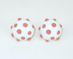 TRIFARI Faux Coral & White Enamel Earbob Earrings, 1960's