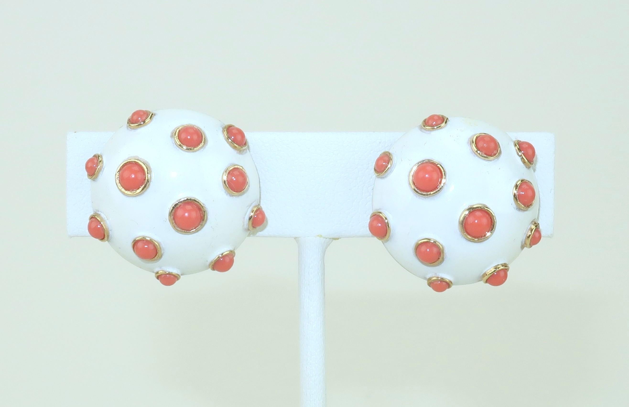 TRIFARI Faux Coral & White Enamel Earbob Earrings, 1960's For Sale 1