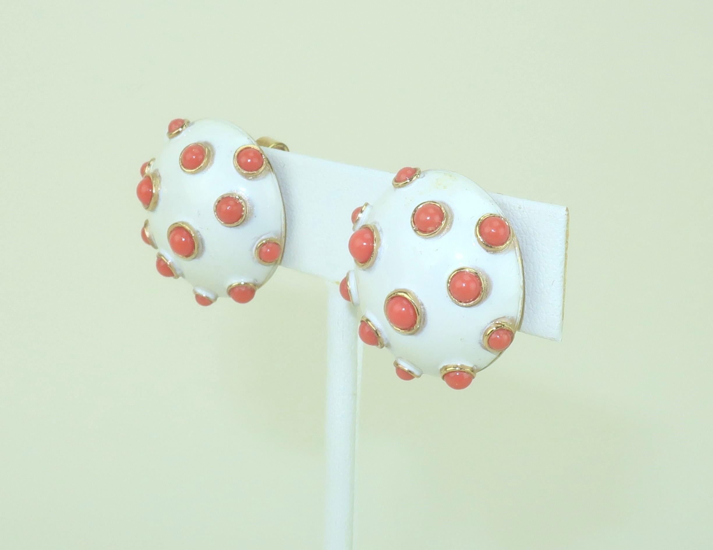 TRIFARI Faux Coral & White Enamel Earbob Earrings, 1960's For Sale 2