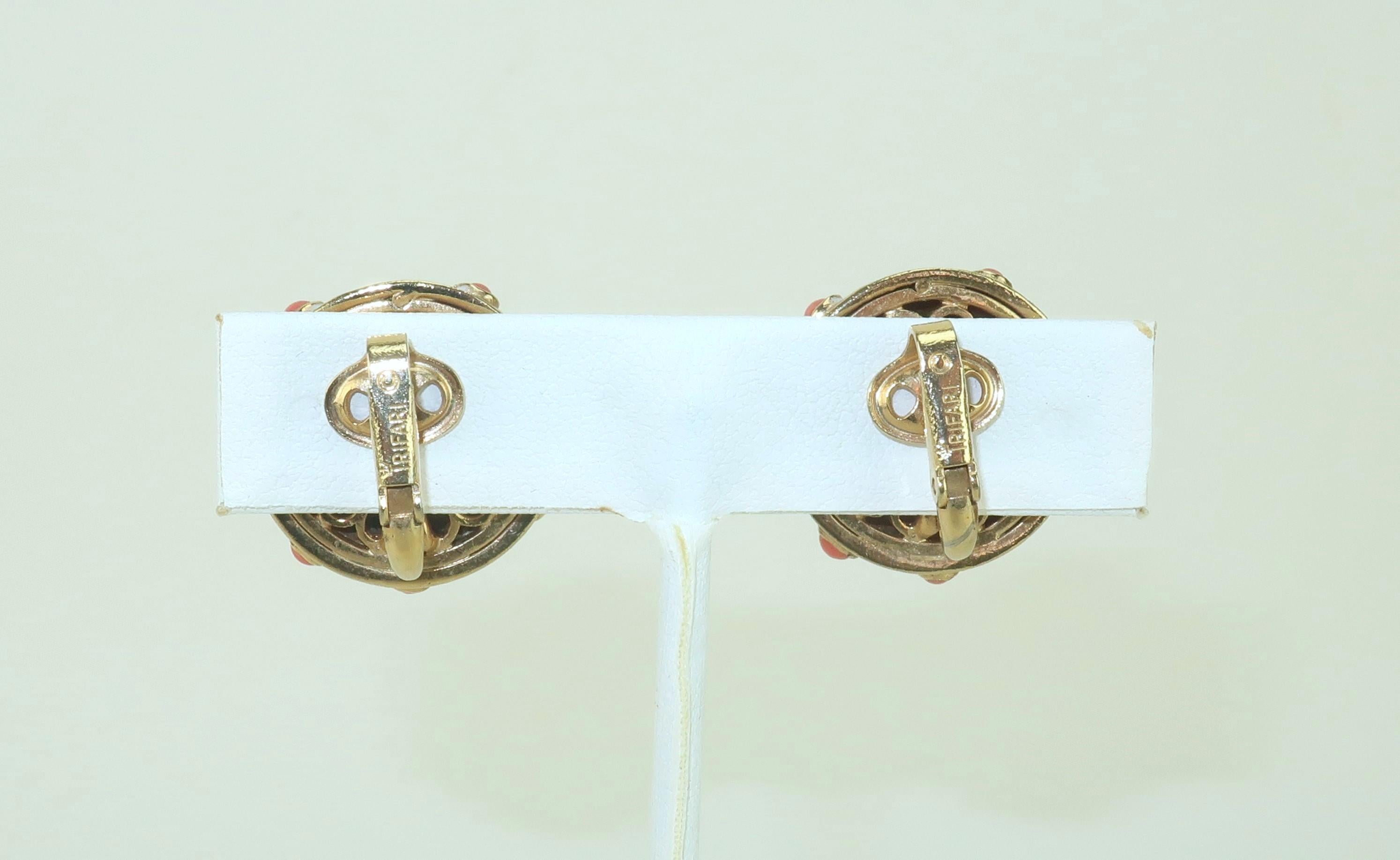 TRIFARI Faux Coral & White Enamel Earbob Earrings, 1960's For Sale 3