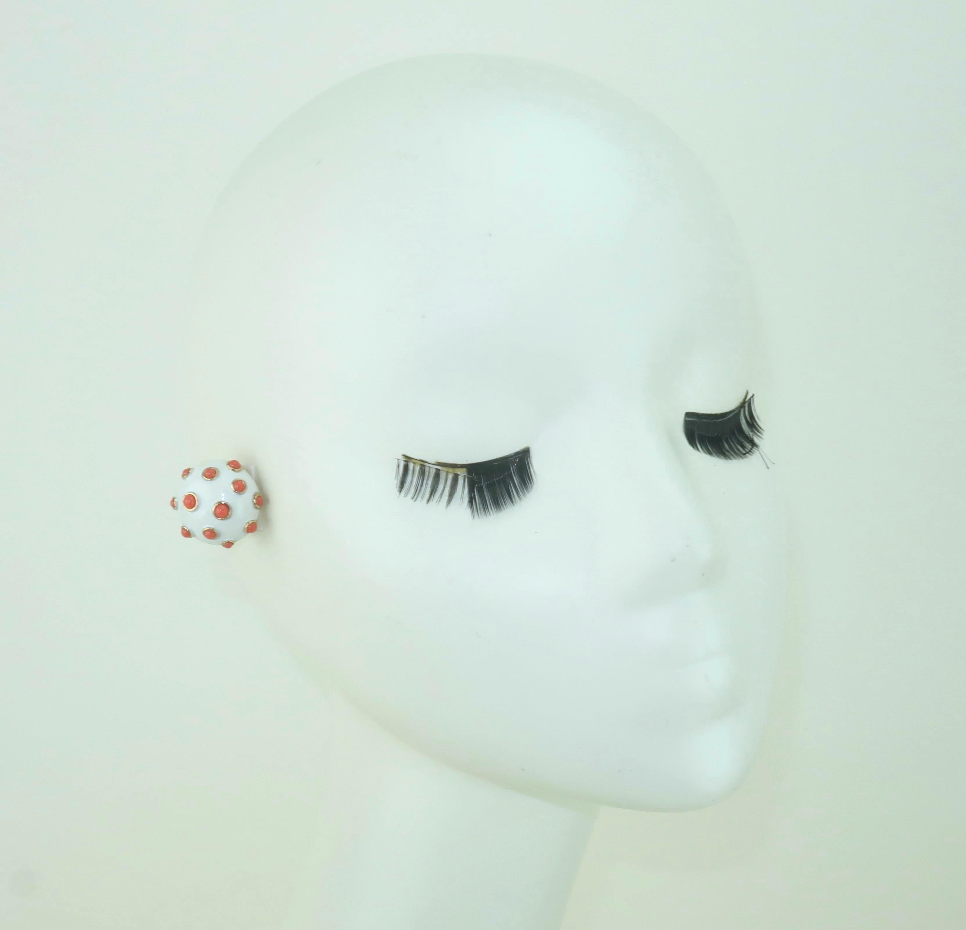TRIFARI Faux Coral & White Enamel Earbob Earrings, 1960's For Sale 4