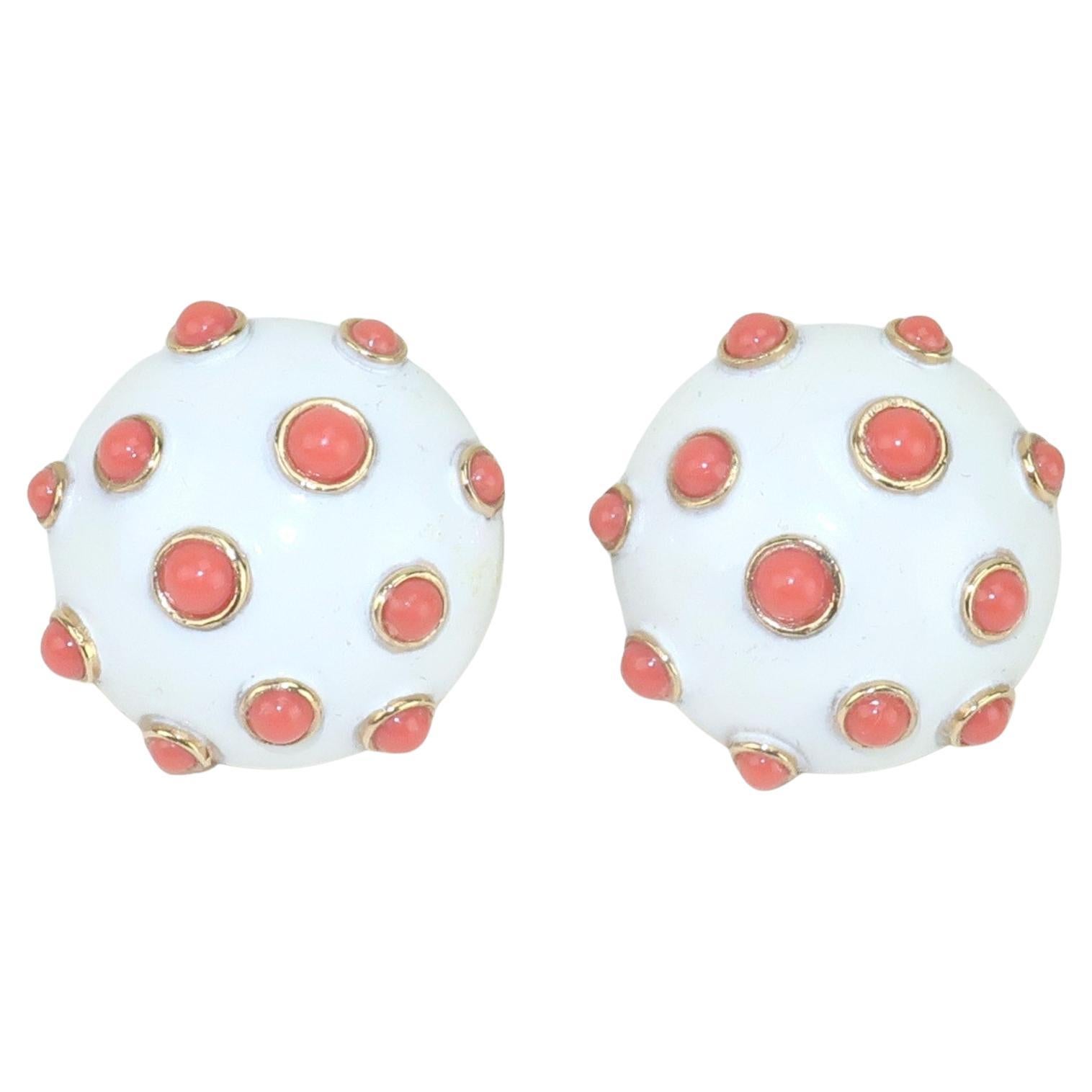 TRIFARI Faux Coral & White Enamel Earbob Earrings, 1960's For Sale