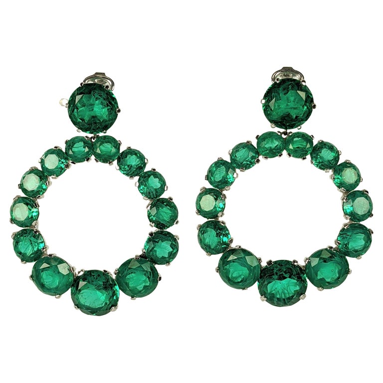 Trifari Faux Emerald Hoop Earrings For Sale at 1stDibs