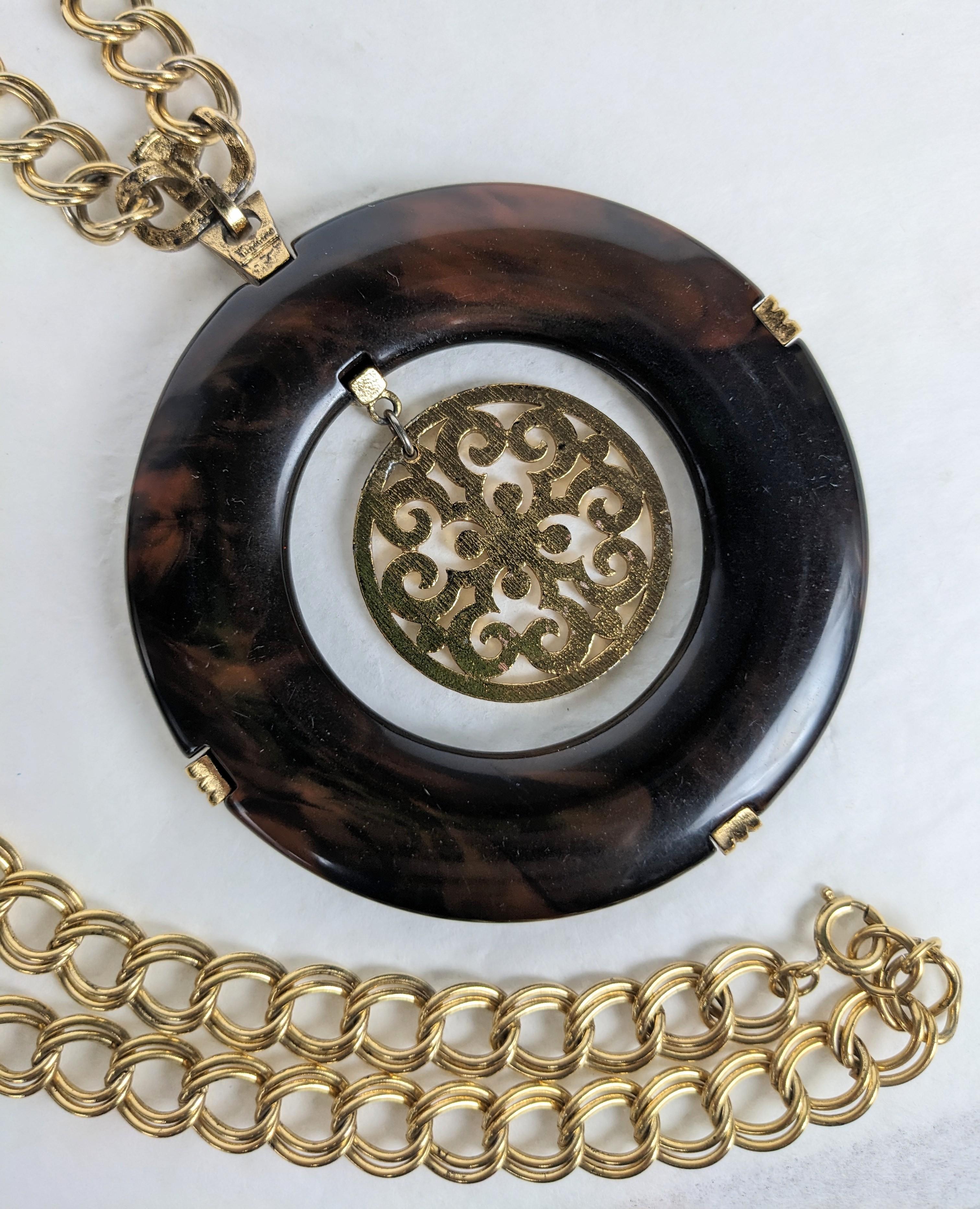 Trifari Faux Tortoise Chnoiserie Mod Pendant In Excellent Condition For Sale In New York, NY