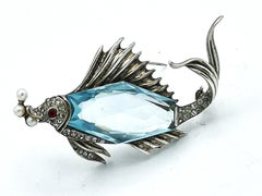 TRIFARI fISH BROOCH, sterling, body aqua rhinestone with tiny rinestones, 1940's