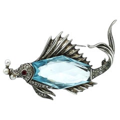 TRIFARI fISH BROOCH, sterling, body aqua rhinestone with tiny rinestones, 1940's