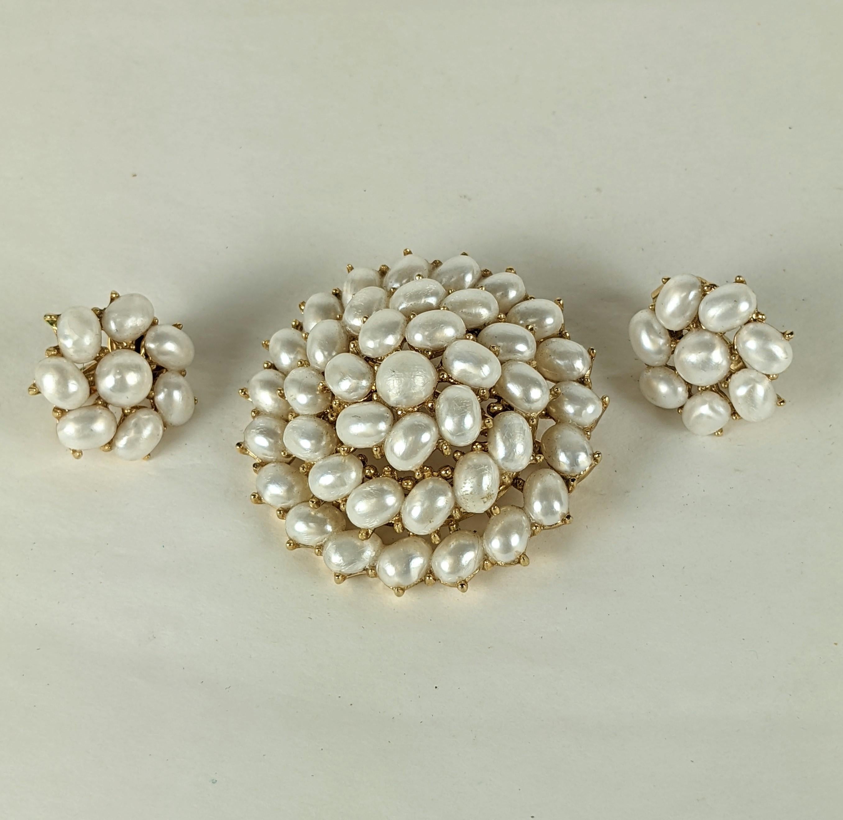 Trifari Freshwater Pearl Suite composed of pin and earrings with faux pearls in domed design. 1960's USA.  Brooch 1.5