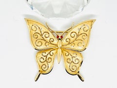 Trifari Gold Florentine Butterfly Brooch, Garnet Cabochon Eyes, Swirl Detail