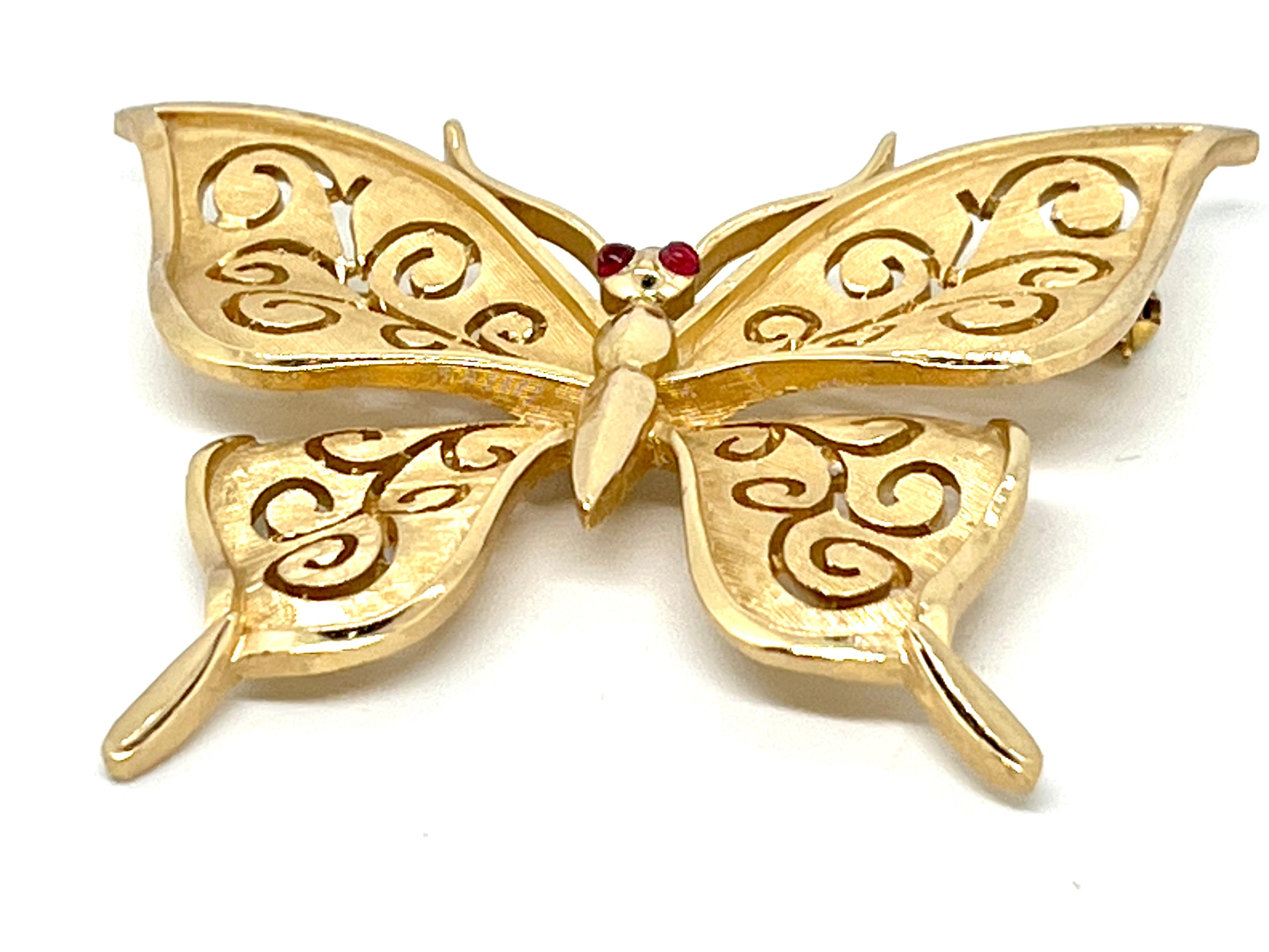 Trifari Gold Florentine Butterfly Brooch, Garnet Cabochon Eyes, Swirl Detail  For Sale 1