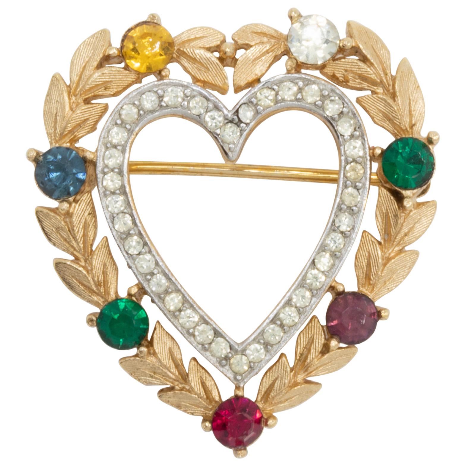 Trifari Gold "Dearest" Heart Pin Brooch with Simulated Gemstones