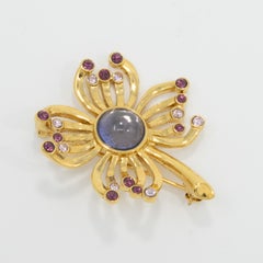 Trifari Gold Flower Pin Brooch with Amethyst Crystals and Cabochon